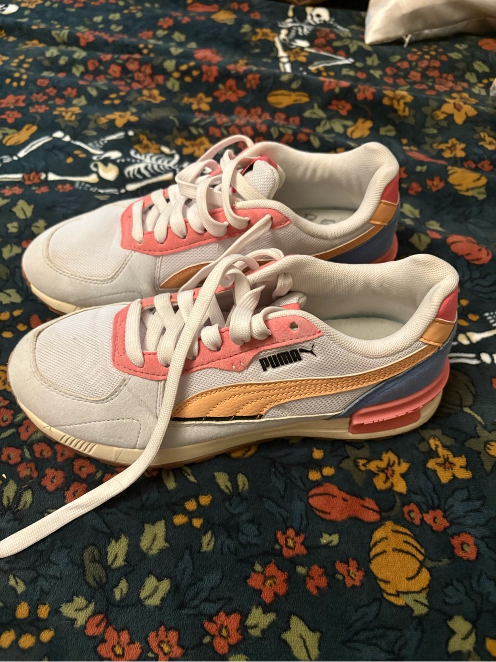 Puma Women's White Sneakers with Pink, Peach & Blue Accents